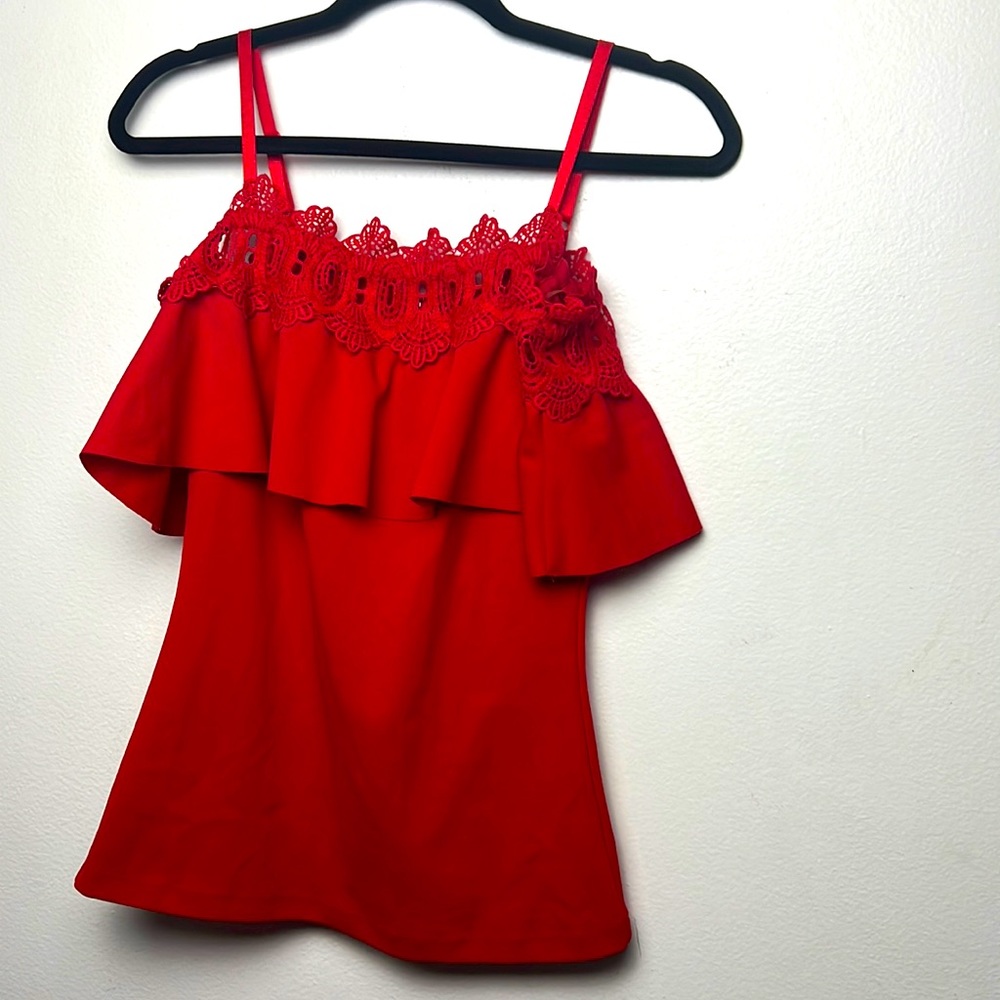 Red off the shoulder lace top with zipper back